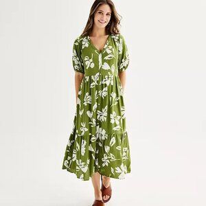 Sonoma Olive Green & White Maxi Dress Empire Waist sz L